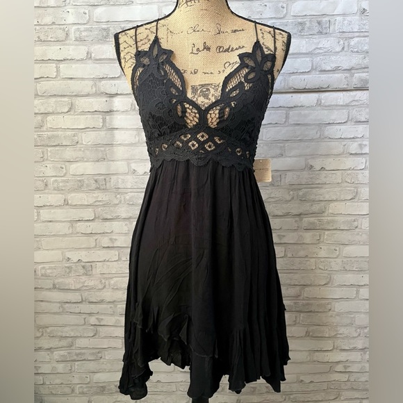 Free People Dresses & Skirts - Free PEOPLE Adella Dual Strap Asymmetrical Hem Slip Dress Black Size XS NWT